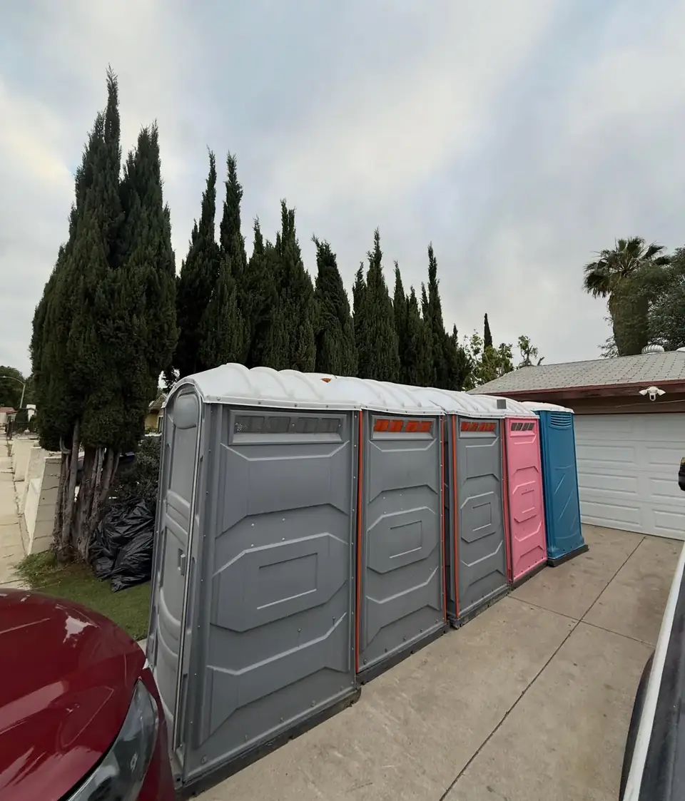 Portable toilets lined up on a residential driveway