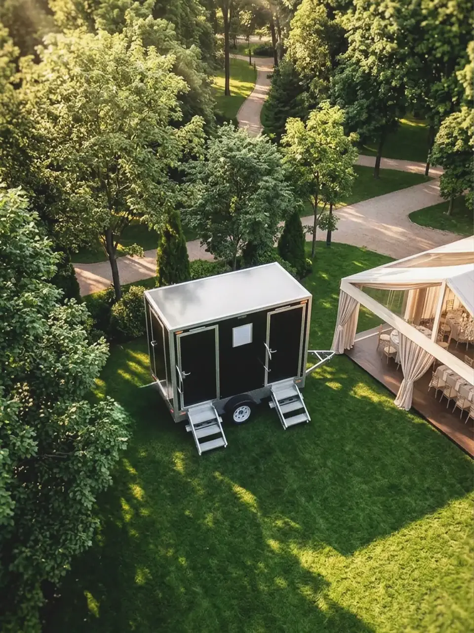Two-stall restroom trailer on a lawn beside a garden wedding tent